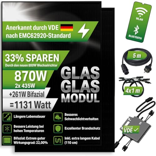 Energy 870W Balkonkraftwerk Komplettset mit 2x 435W PV-Modul - TSUN Wechselrichter 800W inkl. Wifi-Funktion - 5m Schukokabel + 4x 1m Solarkabel – 25Jahre Material und 30Jahre Leistungsgarantie